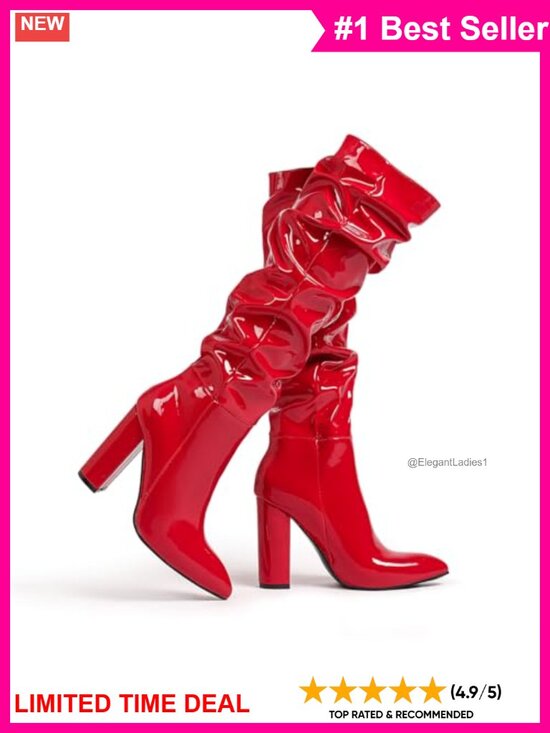 Shoes - Patent Leather Knee High Boots Chunky Heel Pointed Toe Pull Up Women's